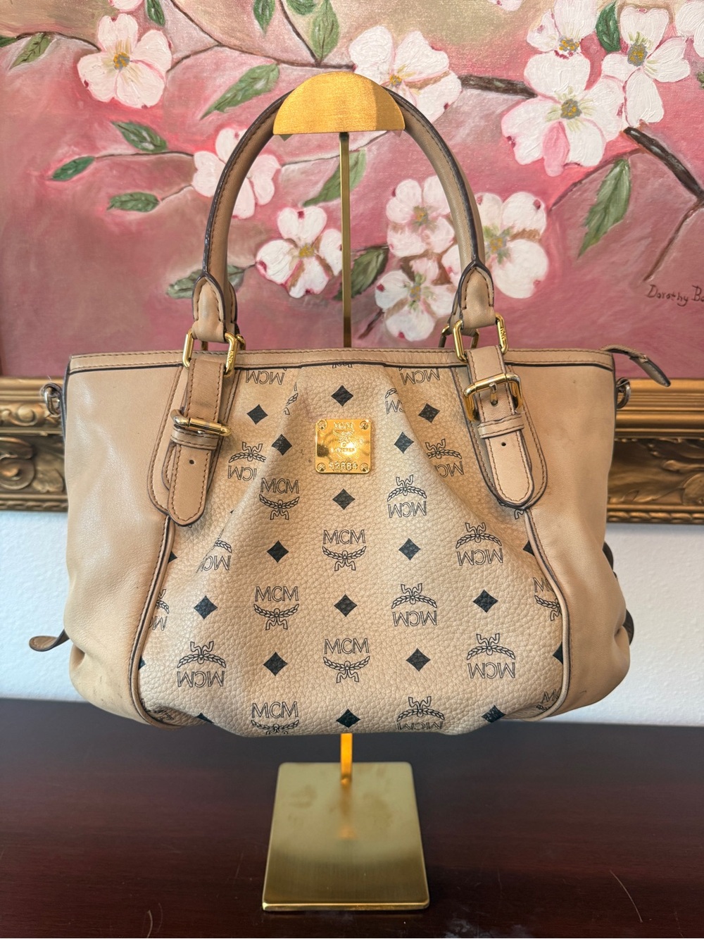 MCM Beige Cognac Logo Canvas Satchel